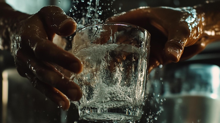 PSD close-up di mani che riempiono un bicchiere con acqua spruzzante