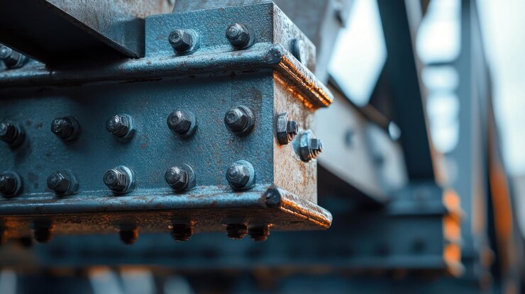 PSD close-up di struttura metallica industriale con bulloni