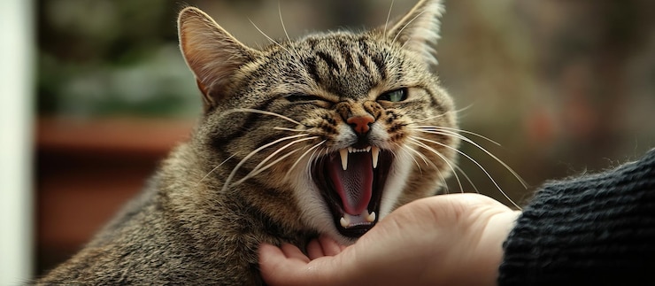 PSD close-up di un gatto tabby che sbadiglia