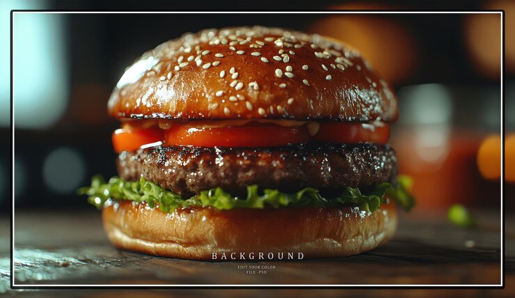 PSD close-up di un hamburger succoso con pomodoro di lattuga e salsa su un tavolo di legno
