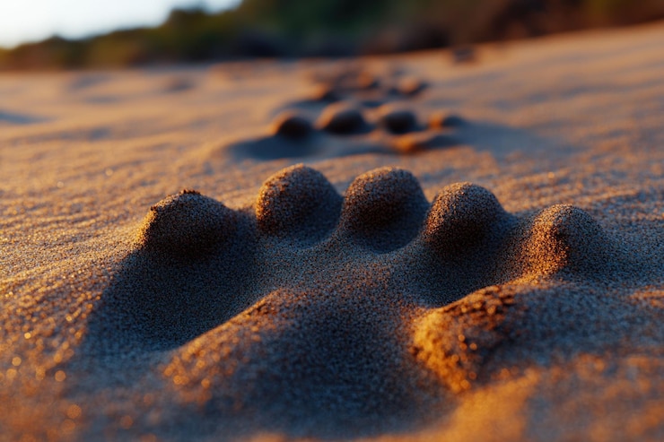 PSD close-up di un'impronta di una sola zampa nella sabbia con una scia di impronte dietro di essa al tramonto