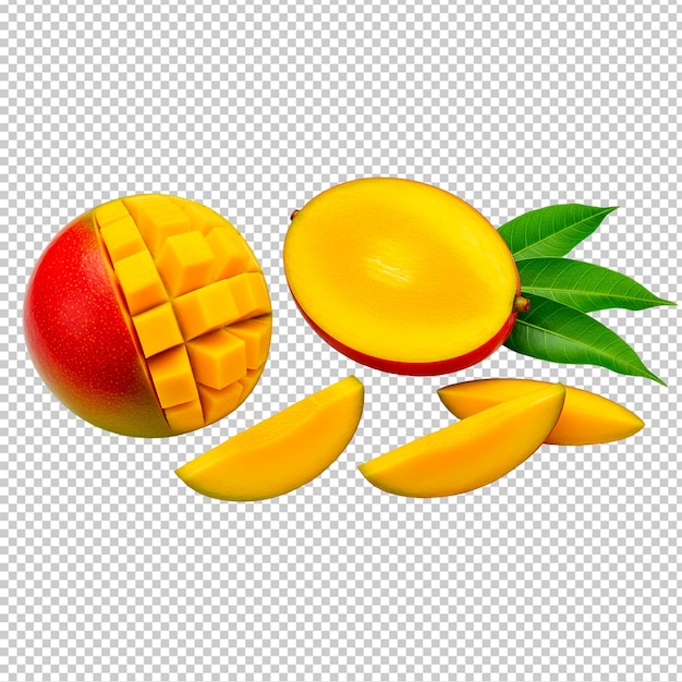 Close-up di un mango vivace tagliato a cubetti e fette su uno sfondo trasparente