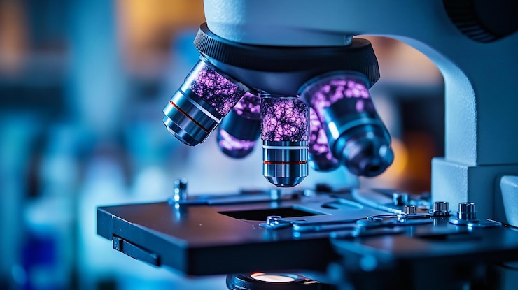 PSD close-up di un microscopio con campioni viola nelle sue lenti in un ambiente di laboratorio