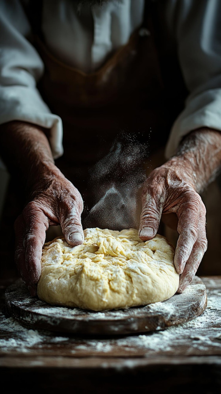 PSD close-up di un panettiere che impasta la pasta su un tavolo di legno coperto di farina
