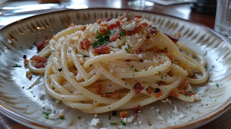 PSD close-up di un piatto di spaghetti carbonara con pancetta croccante, formaggio parmigiano e prezzemolo