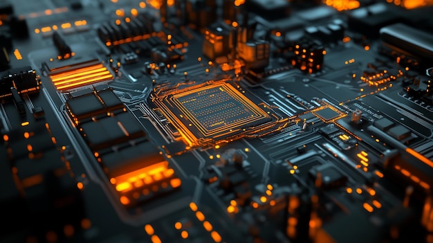 Close-up di un'unità centrale di elaborazione arancione luminosa CPU su un circuito integrato complesso