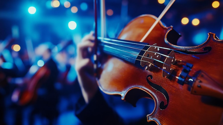PSD close-up di un violinista che suona il violino sul palco in una sala da concerto con un'orchestra sfocata sullo sfondo