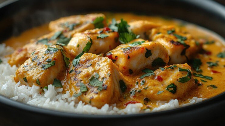 PSD close-up di una ciotola di curry di pollo con riso bianco e guarnizioni di prezzemolo