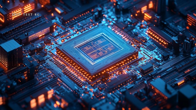 Close-up di una CPU dell'unità centrale di elaborazione su una scheda a circuito che brilla con luce arancione e blu