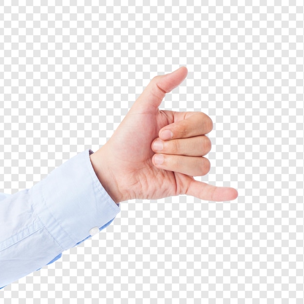Close-up di una mano che fa una chiamata telefono me gesto isolato su uno sfondo trasparente