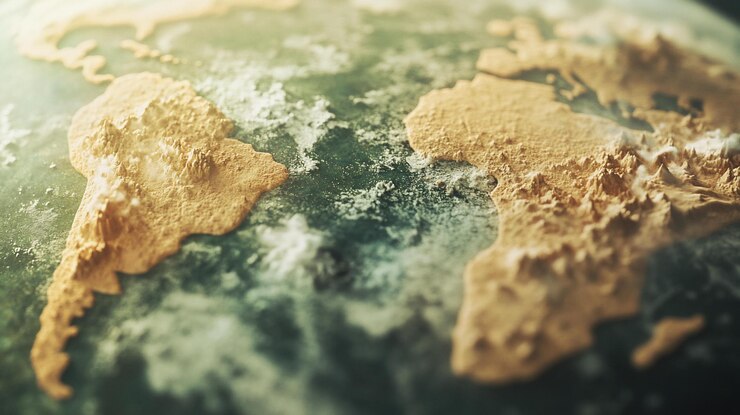 PSD close-up di una mappa del mondo strutturata che mostra continenti e oceani