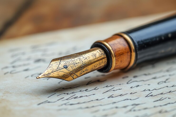 PSD close-up di una penna stilografica d'oro poggiata su una lettera d'epoca con testo scritto a mano