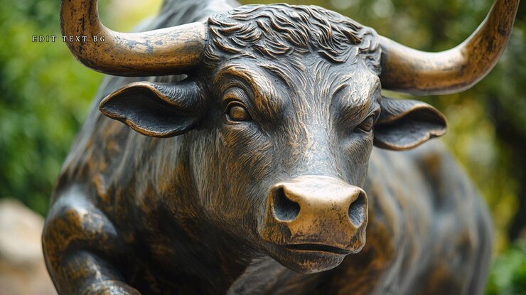 PSD close-up di una statua di toro in bronzo potente e maestosa all'aperto con sfondo sfocato