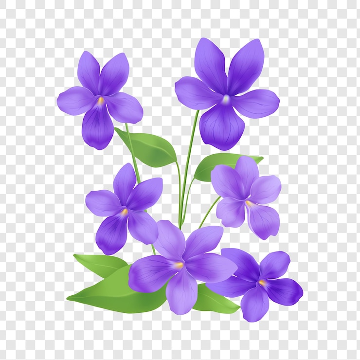 PSD close-up di violette viola vivaci in fiore isolate su uno sfondo trasparente