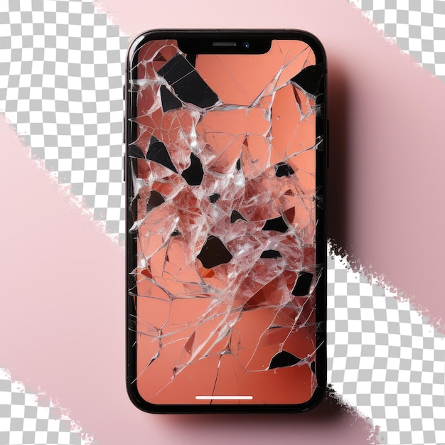 PSD close-up d'un écran de smartphone cassé sur un fond transparent