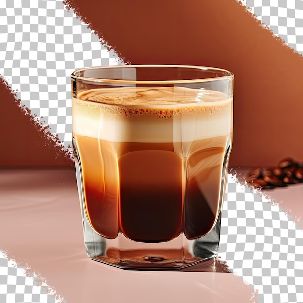 Close-up eines heißen espressos in einem doppelwandigen glas auf einem transparenten hintergrund