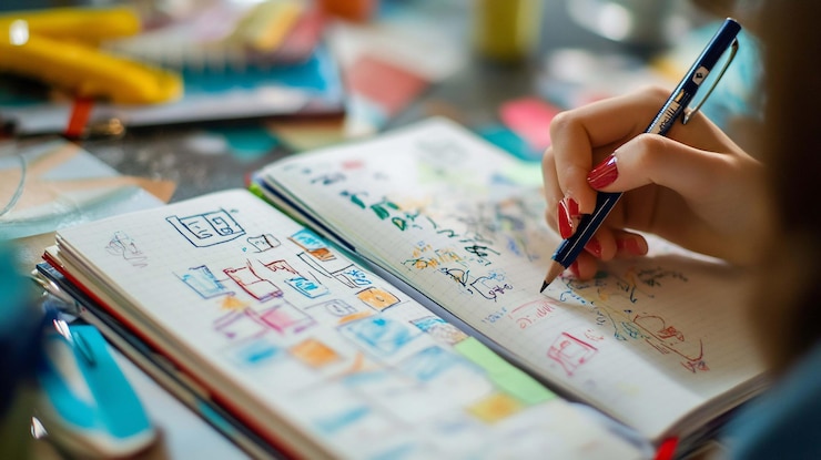 PSD close-up d'une femme dessinant des idées de conception dans un cahier
