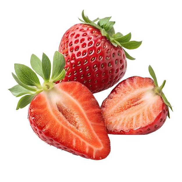 Close-up de fraises fraîches entières et tranchées isolées sur un fond blanc