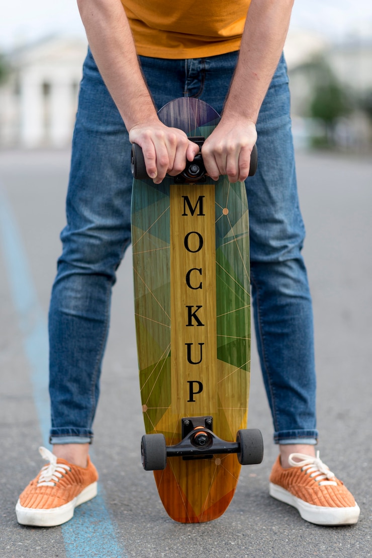 PSD close-up hands holding skateboard