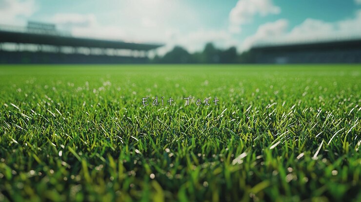 PSD close-up de l'herbe verte vibrante sur un terrain de sport ensoleillé avec un stade en arrière-plan