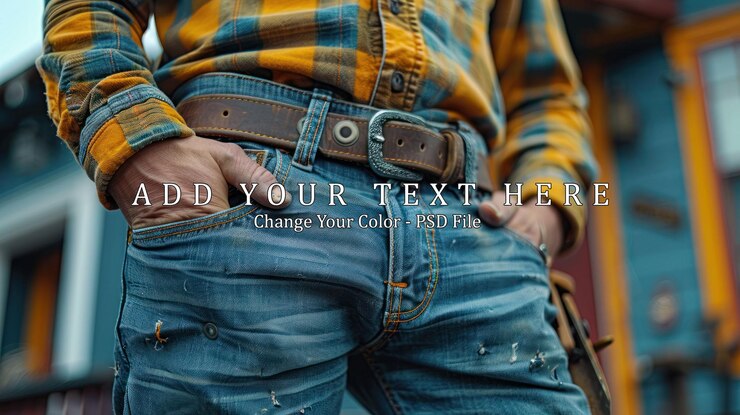 PSD close-up d'un homme à la taille portant un jean en denim et une chemise en flanelle