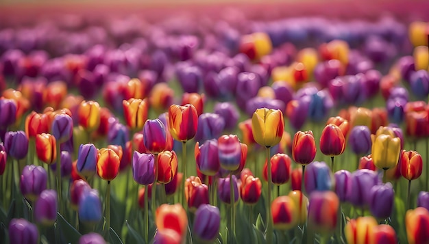 PSD close up image of tulips field under the morning sunlight