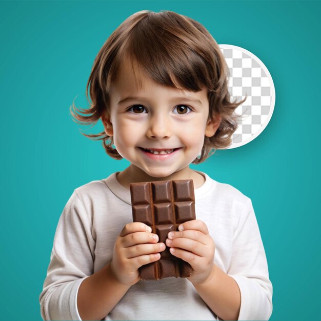 PSD close-up d'une jolie fille tentée en regardant une barre de chocolat sur un fond turquoise