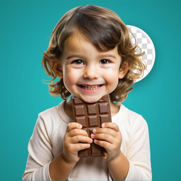 PSD close-up d'une jolie fille tentée en regardant une barre de chocolat sur un fond turquoise