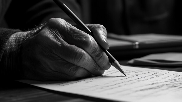 PSD close-up de manos de ancianos escribiendo con un lápiz en papel