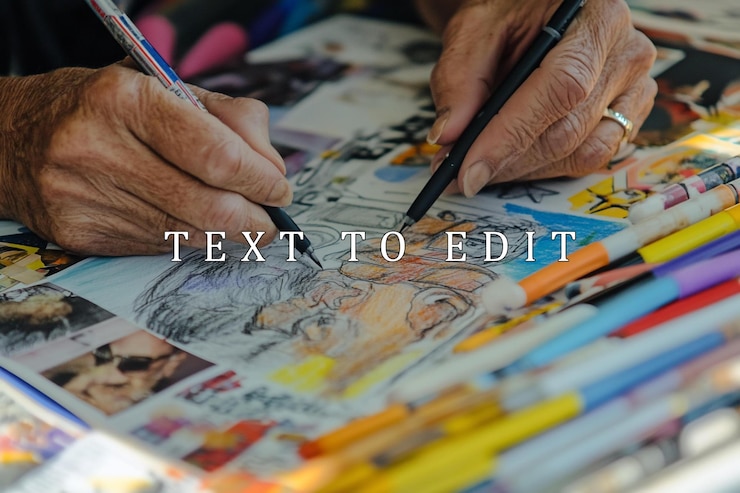 PSD close-up de manos de artistas de edad avanzada dibujando una caricatura en papel rodeado de marcadores de colores y fotos de referencia