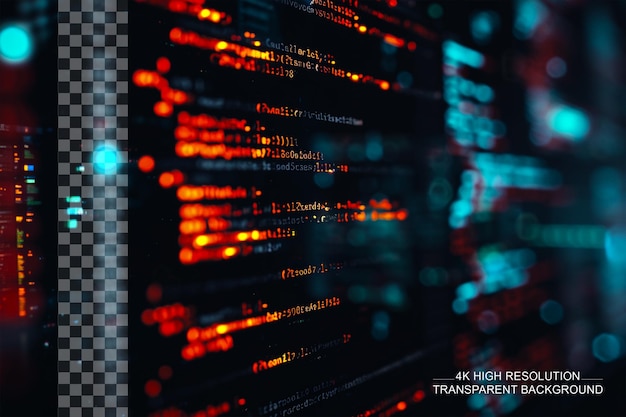 PSD close up del monitor que muestra el código fuente del programa de codificación en un fondo transparente