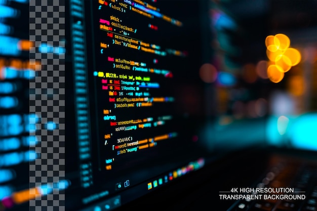 PSD close up del monitor que muestra el código fuente del programa de codificación en un fondo transparente