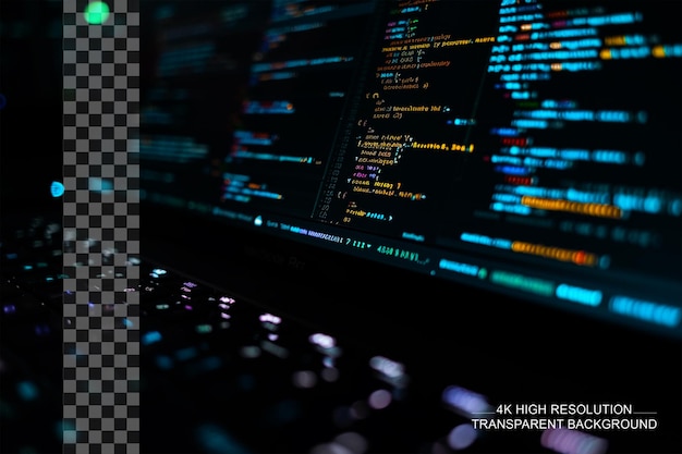 PSD close up del monitor que muestra el código fuente del programa de codificación en un fondo transparente