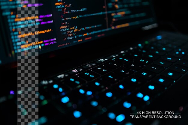 PSD close up del monitor que muestra el código fuente del programa de codificación en un fondo transparente