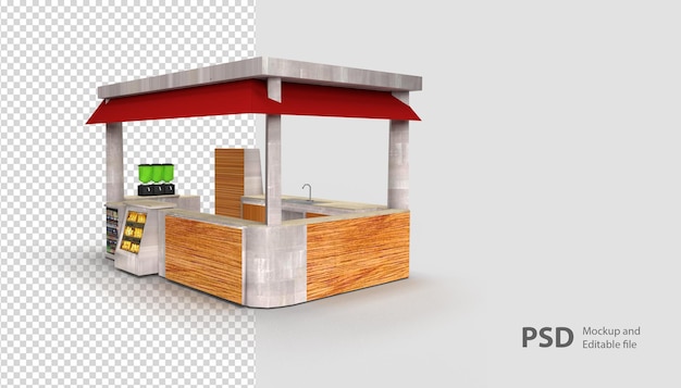 Close-up no mercado de stands em renderização 3d isolado