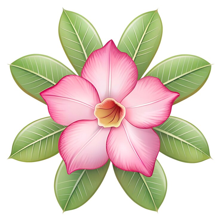 PSD close-up of a beautiful adenium flower with pink petals and green leaves