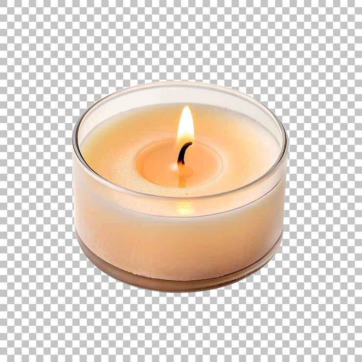 PSD close-up of a lit tealight candle in a glass holder