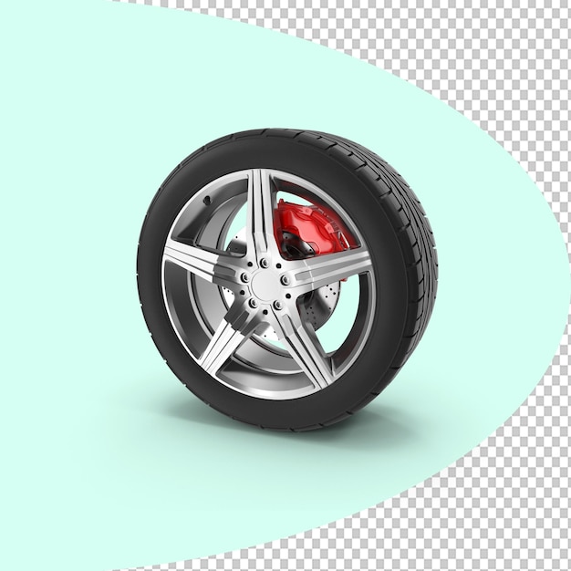 Close-up of a modern car wheel with a red brake caliper