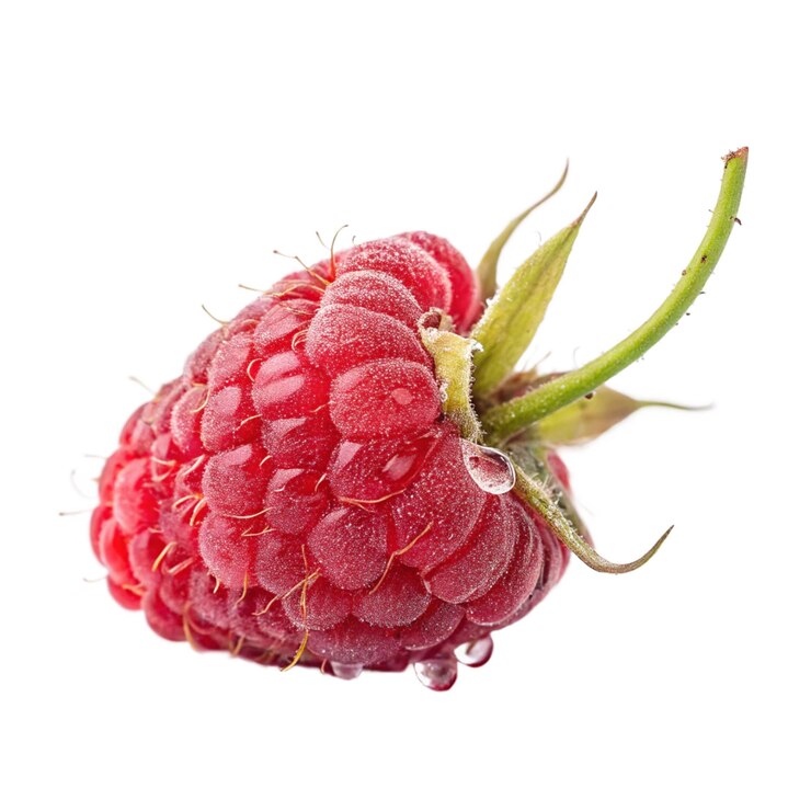 PSD close-up of a ripe red raspberry with water droplets isolated on white