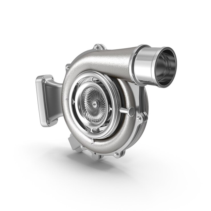 PSD close-up of a shiny turbocharger on a white background
