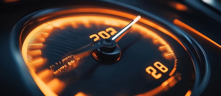 PSD close up of a speedometer needle pointing to 202