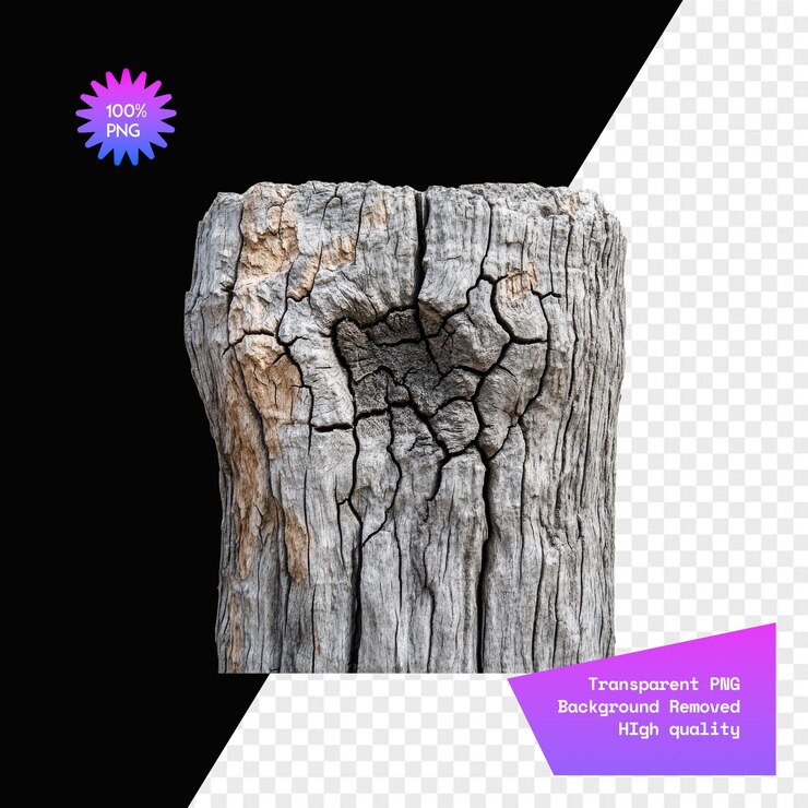 PSD close up of a weathered cracked wooden stump against a transparent background background removed