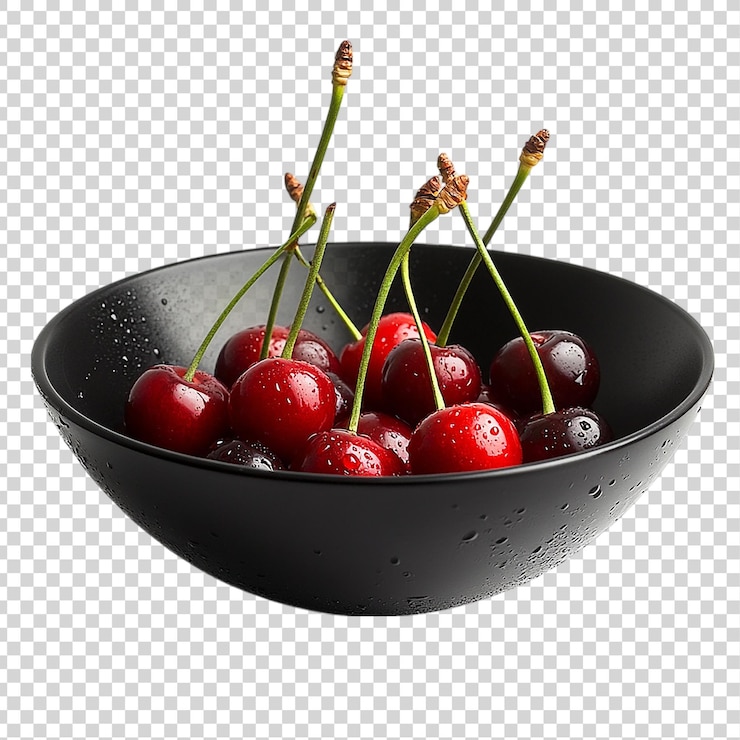 PSD close-up of fresh cherries in a black bowl