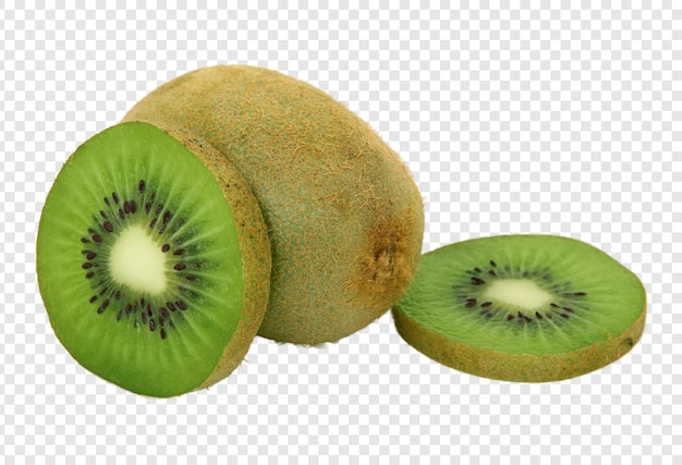 Close-up of fresh kiwi slices with whole kiwi fruit