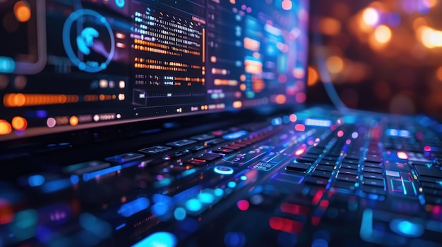 close up of futuristic keyboard and glowing screen with code visible