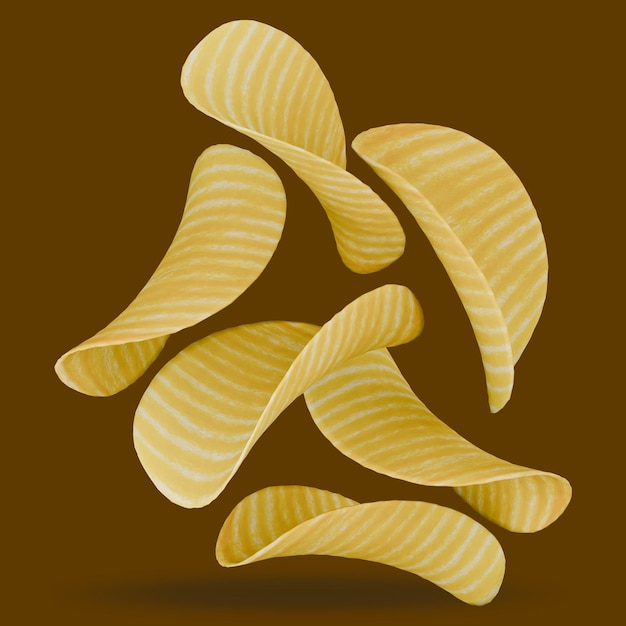 Close-up of Golden Potato Chips in Motion