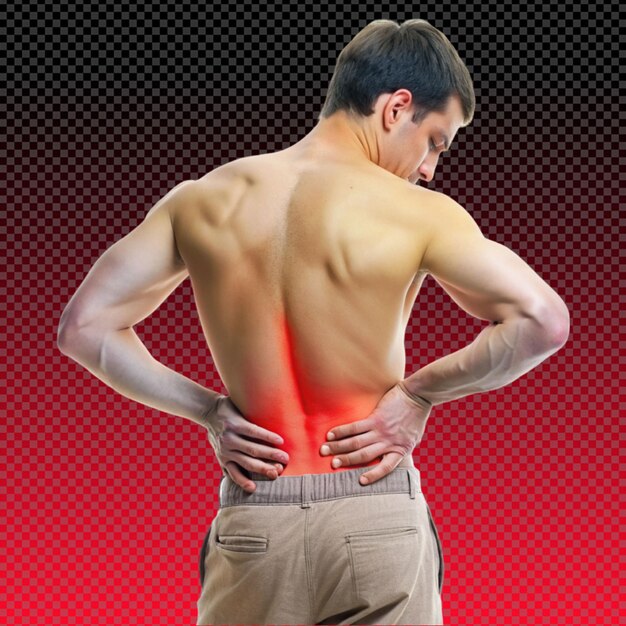 PSD close up of man rubbing his painful back isolated on transparent background