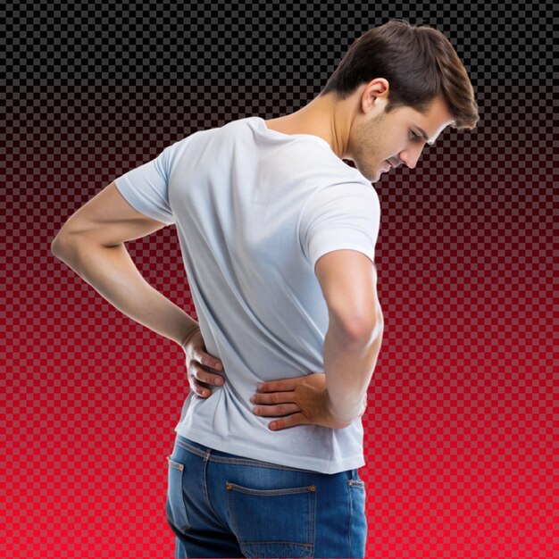 PSD close up of man rubbing his painful back isolated on transparent background