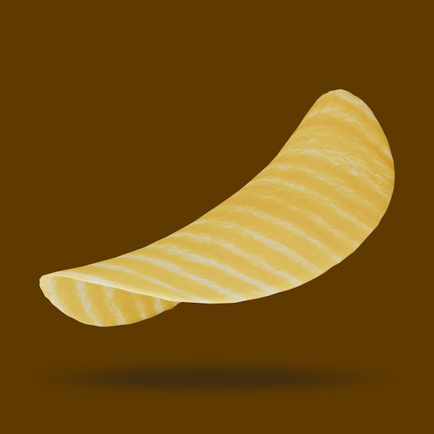 Close-up of a single golden ridged potato chip floating in the air