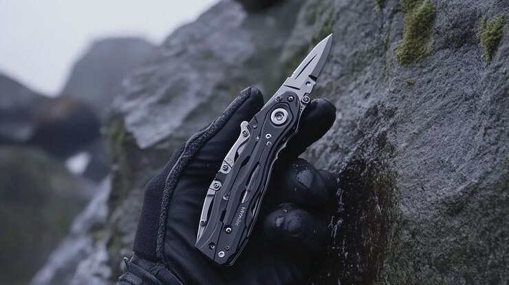 PSD close-up de un pequeño cuchillo multitool sostenido en una mano con guante contra un fondo rocoso al aire libre